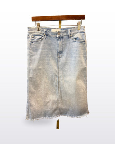 Mother Superior Light Wash Frayed Hem Denim Midi Skirt sz 29