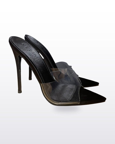 Femme LA Black Satin & PVC Pointed Toe Heeled Mules sz 35