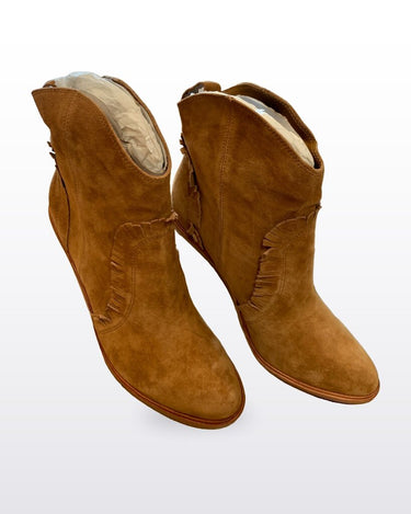 Joie Cognac Suede Ruffled Ankle Booties sz 38.5