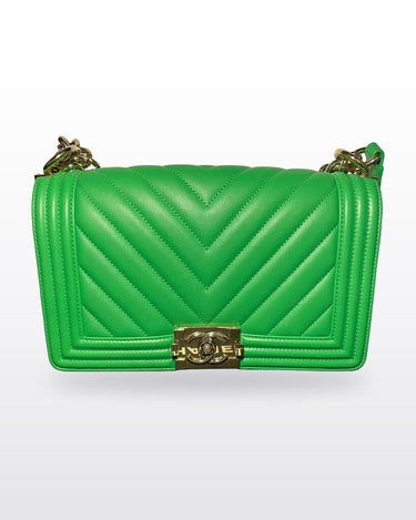 Chanel Green Chevron Quilted Leather Medium Boy Bag