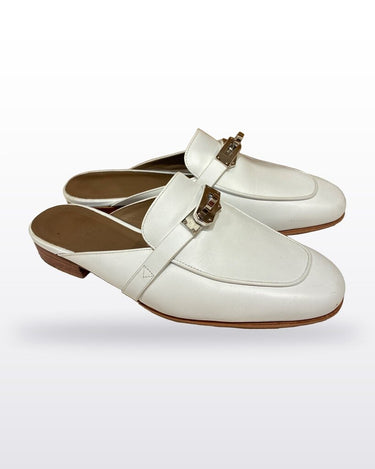 Hermès White Leather H-Buckle Mule Loafers sz 36