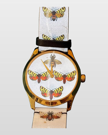 Gucci G-Timeless Gold-Tone Bee Moth Motif Leather Watch