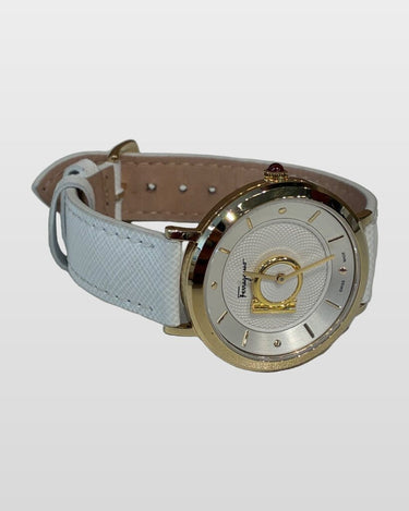 Ferragamo Gancini Gold-Tone White Leather Watch
