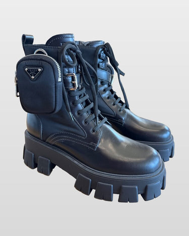 Prada Monolith Re-Nylon Gabardine Lug-Sole Ankle Boots sz 38.5