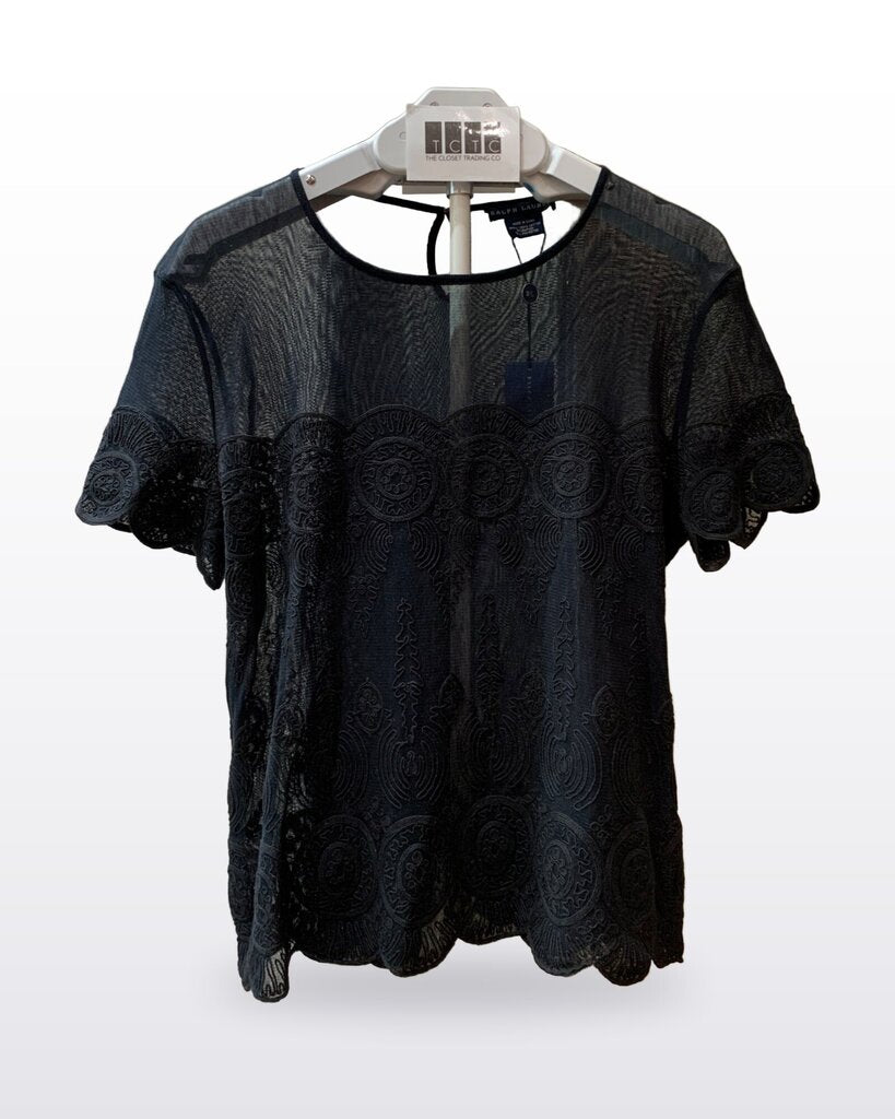 Ralph Lauren Black Embroidered Sheer Short-Sleeve Top sz XL