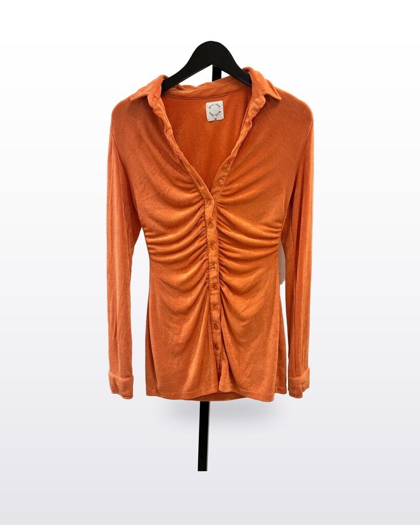 With Jéan Orange Long Sleeve Ruched Button-Front Top sz XS