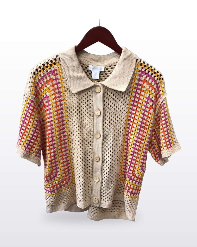 House of Harlow 1960 Open-Knit Short-Sleeve Button-Front Cardigan Top sz L