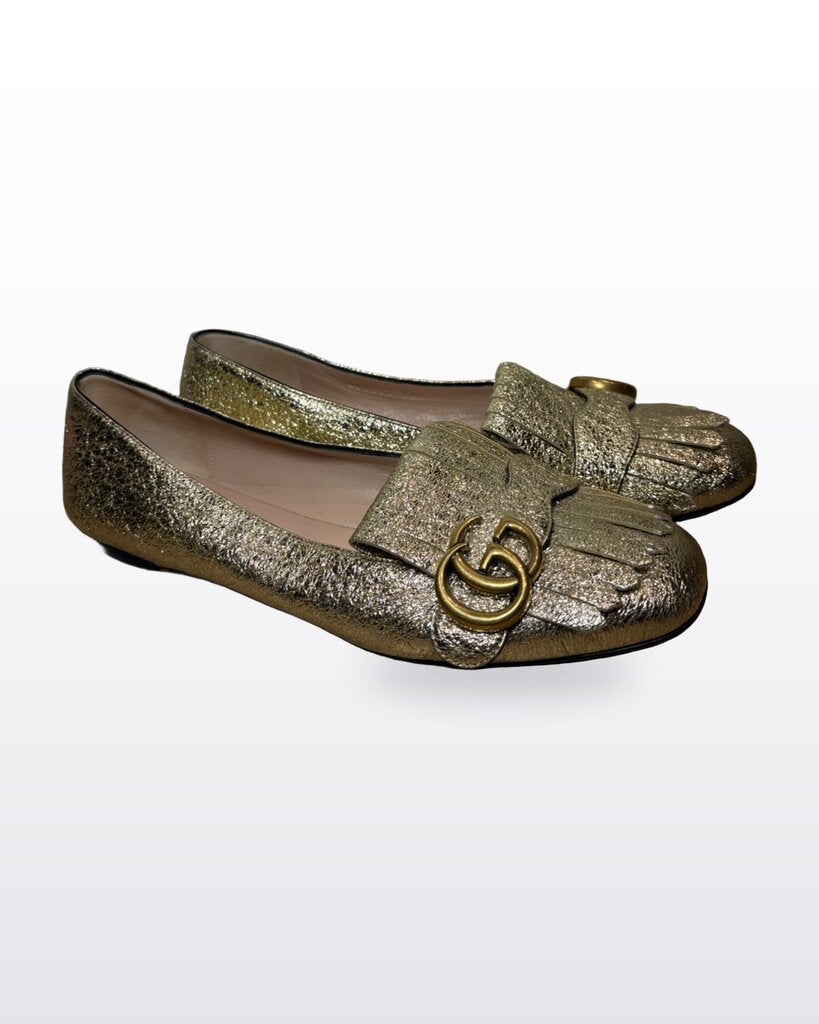 Gucci Metallic Gold Fringed Interlocking-G Loafers sz 38½
