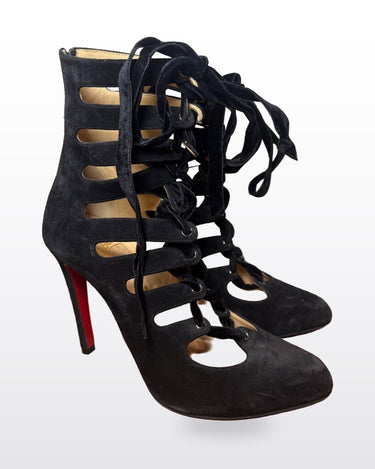 Christian Louboutin Black Suede Lace-Up Cage Pumps sz 38