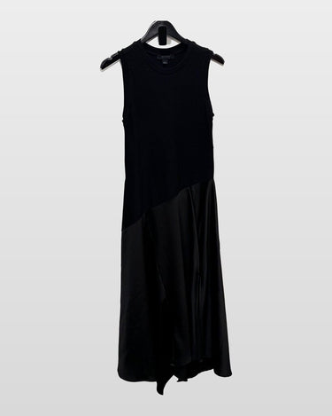 AllSaints Black Ribbed Knit and Satin Asymmetrical Midi Dress sz 6