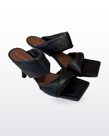Alohas Black Padded Leather Twist Heeled Mules sz 39