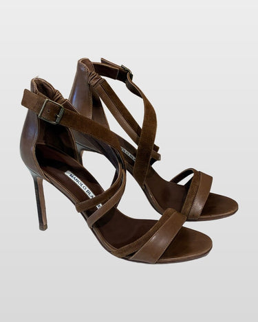 Manolo Blahnik Brown Leather & Suede Strappy Heeled Sandals sz 39