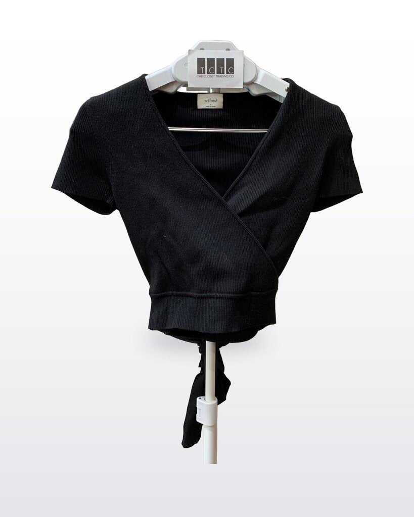 Wilfred Black Short Sleeve Ribbed Wrap Knit Crop Top sz M