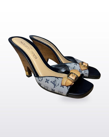 Louis Vuitton Monogram Mini Canvas Buckle Mule Heels sz 38