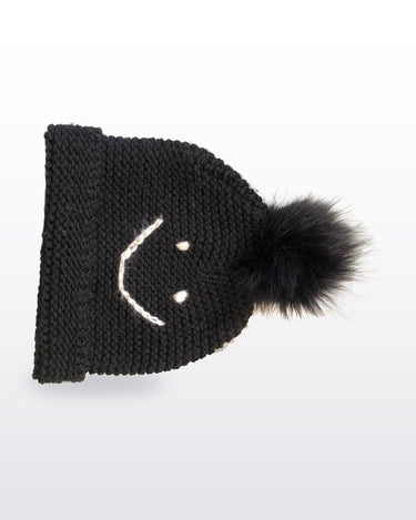 Jocelyn Black Chunky-Knit Pom-Pom Beanie sz OS