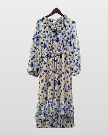 MISA Los Angeles Blue Floral Chiffon Long Sleeve Midi Dress sz L