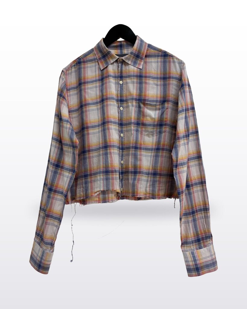 Vince Multicolor Plaid Cropped Raw-Hem Button-Down Shirt sz M