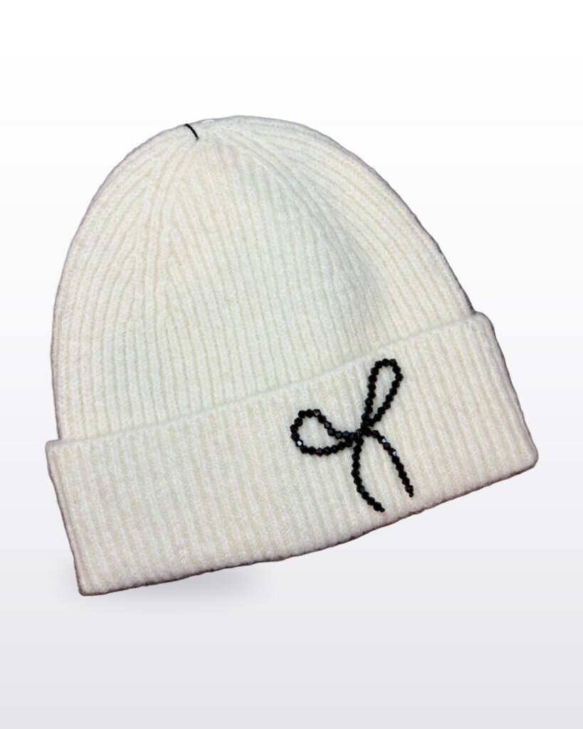 Zara Cream Ribbed Knit Beaded Bow Beanie sz M