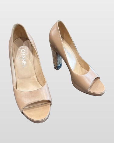 Chanel Beige Leather Peep Toe Cork Heel Pumps sz 38