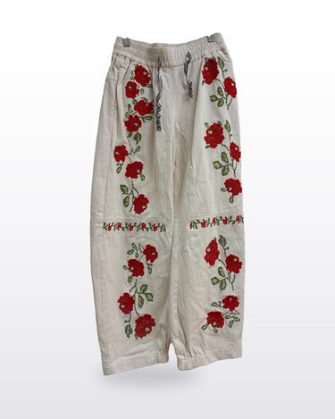 Cream Floral Embroidered Jogger Pants