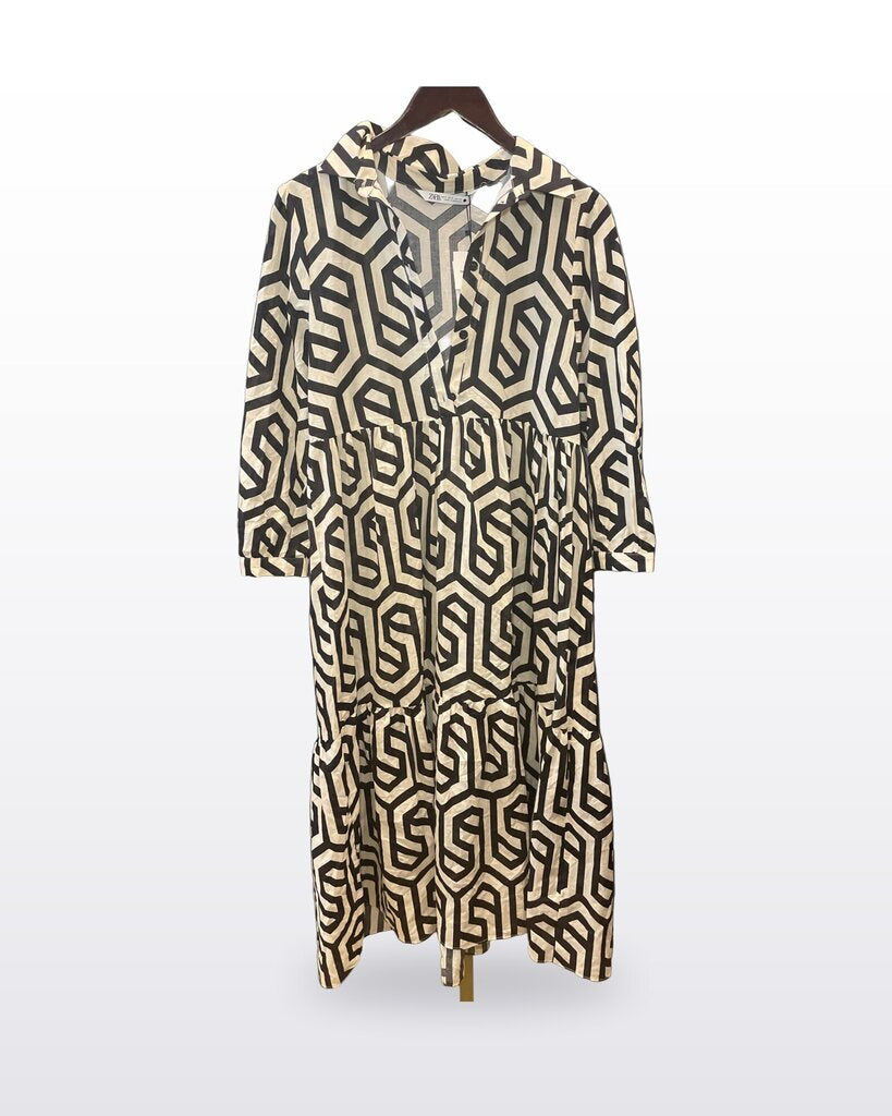 Zara The Karen Dress Geometric Print Tiered Midi Dress sz S