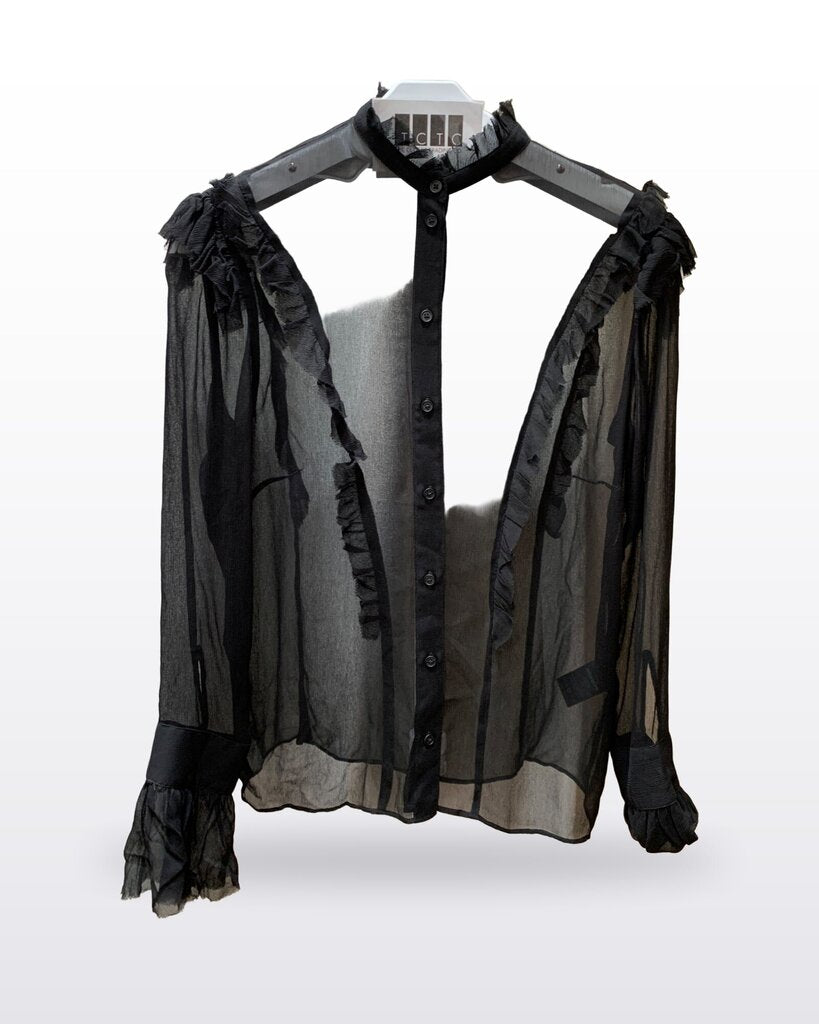 Zadig & Voltaire Black Sheer Ruffled Tweet Spi Long Sleeve Blouse sz XS