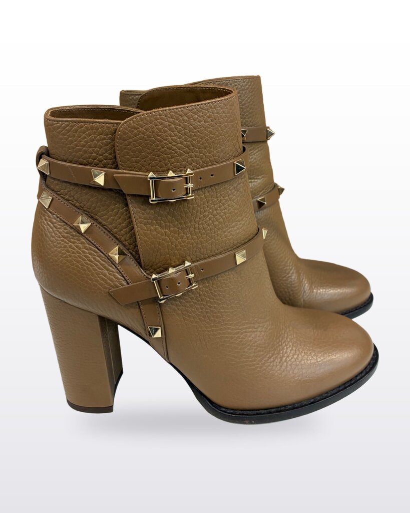 Valentino Garavani Rockstud Brown Pebbled Leather Heeled Ankle Boots sz 39 1/2