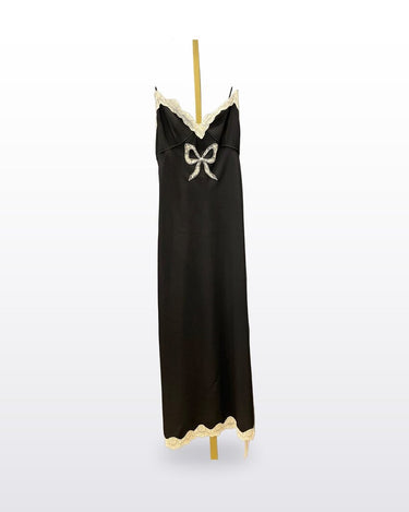 LoveShackFancy Black Lace-Trimmed Bow Slip Maxi Dress sz L