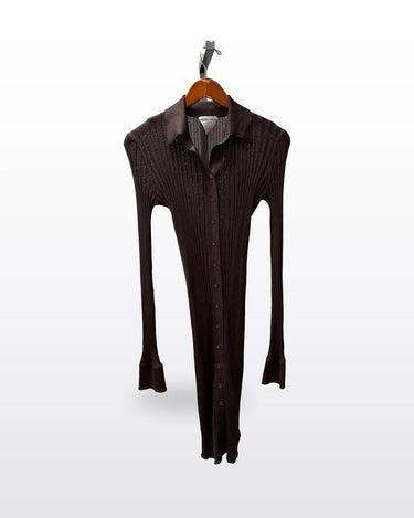 Bottega Veneta Spring 2020 Brown Ribbed Silk Knit Button-Front Long Dress sz 40