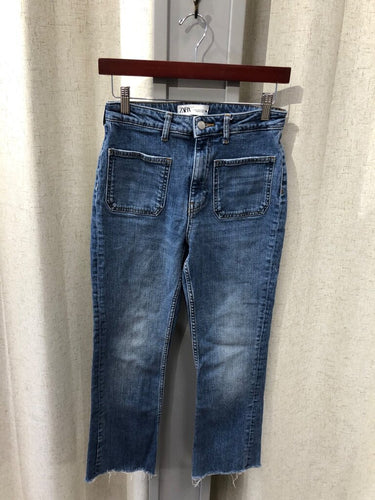 Zara Medium Wash Raw Hem Patch Pocket Straight Leg Jeans sz 4