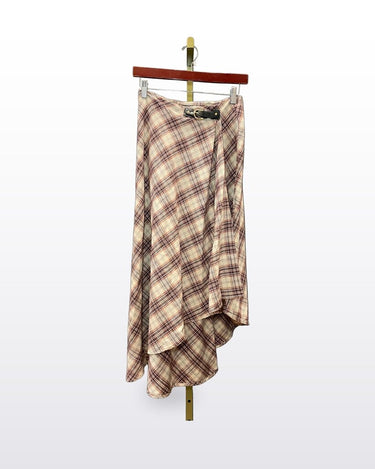 Maje Plaid Asymmetrical Buckle Midi Skirt sz 36