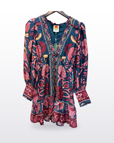 NWT Farm Rio Seasheel Tapestry Teal Long Sleeve Mini Dress sz S