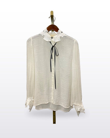 Maje Lace Collar Ribbon Tie Long Sleeve Blouse sz 2