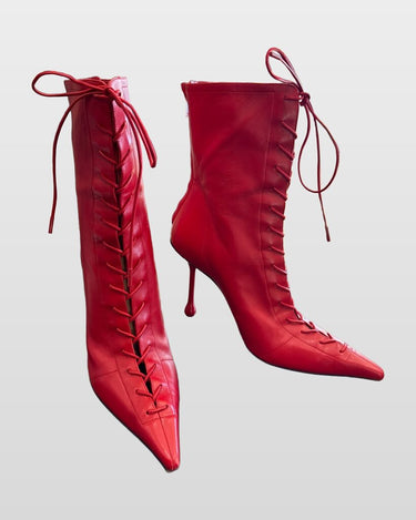 Jimmy Choo Red Leather Lace-Up Pointed-Toe Ankle Booties sz 40