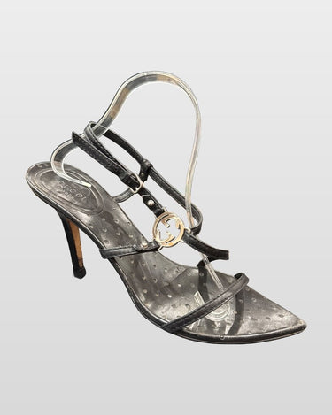 Gucci Interlocking-G Black Strappy High-Heel Sandals sz 9.5