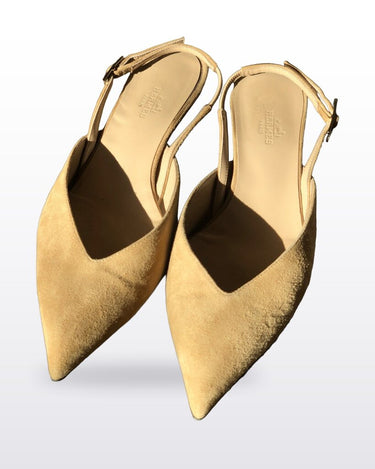 Hermès Tan Suede Nicoletta 40 Slingback Kitten Heel Pumps sz 37 1/2