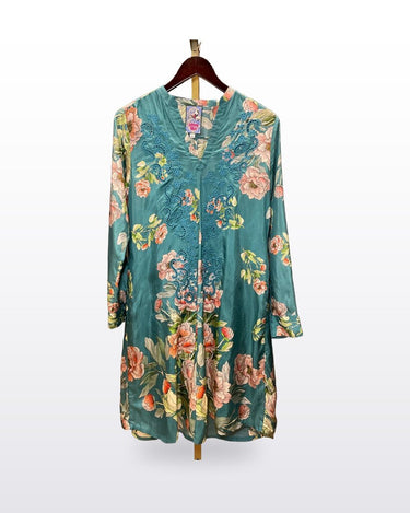 Johnny Was Teal Floral Embroidered Long Sleeve Tunic Dress sz S