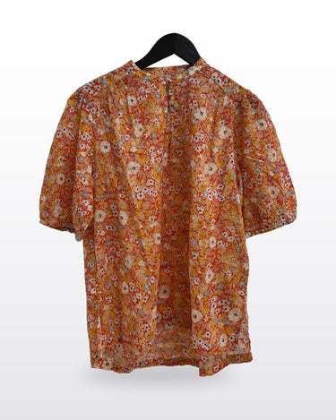 Birds of Paradis Orange Floral Short Sleeve Blouse sz MEDIUM