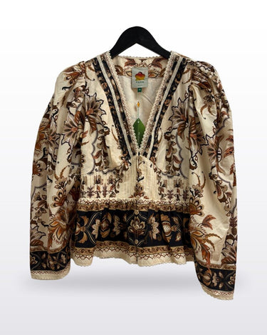 Farm Rio Beige & Brown Floral Tapestry Peplum Blouse sz M