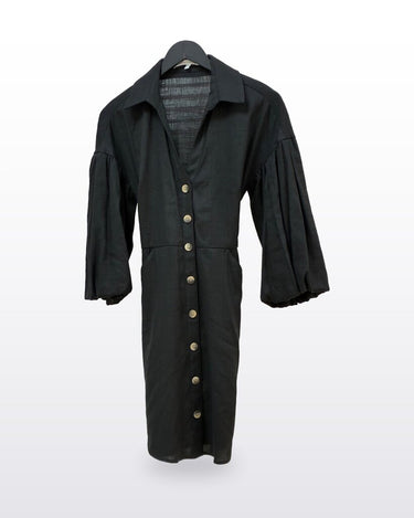 Veronica Beard Black Linen Button-Down Balloon Sleeve Dress sz 0