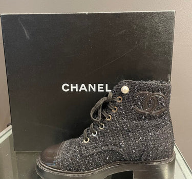 Chanel Tweed Combat Boots with CC Logo Sz 36