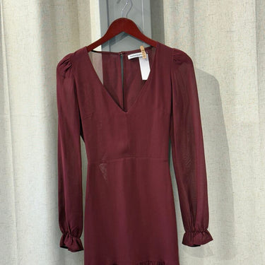 Reformation Maroon V-Neck Ruffle Trim Dress