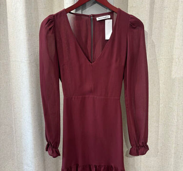 Reformation Maroon V-Neck Ruffle Trim Dress