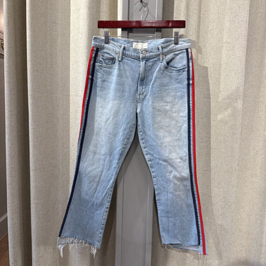 Mother side stripe kick flare jean