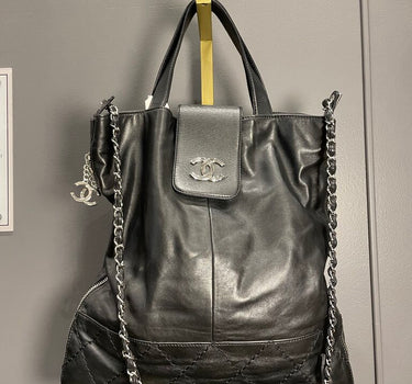 Chanel Black Diamond Stitched Leather Expandable Zip Tote