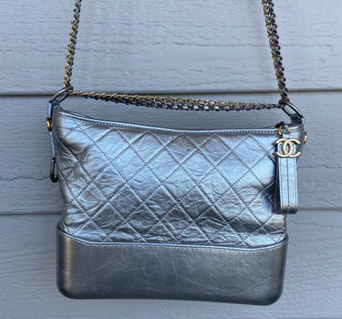 Chanel Quilted Metallic Silver Crossbody Bag W/ Box
