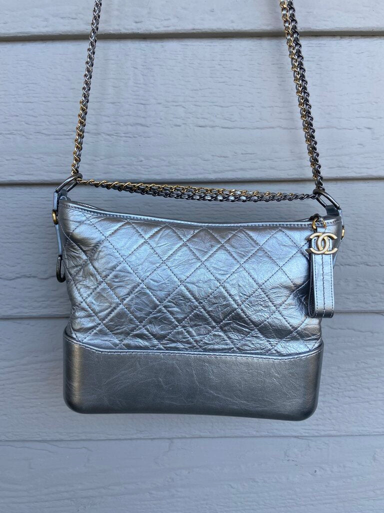 Chanel Quilted Metallic Silver Crossbody Bag W/ Box