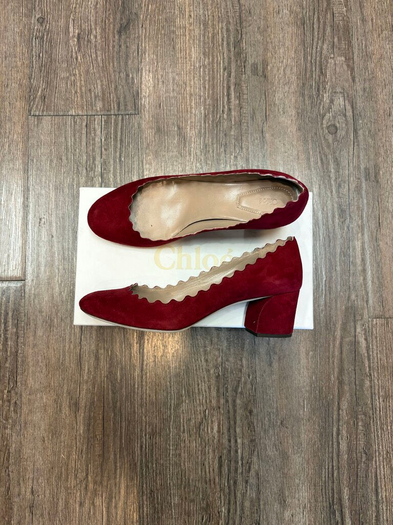 Chloé Scallop Red Suede Heeled Shoes Size 38