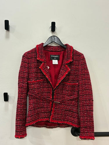 Chanel Vintage 2001 Red Tweed Belted Blazer Size FR 40