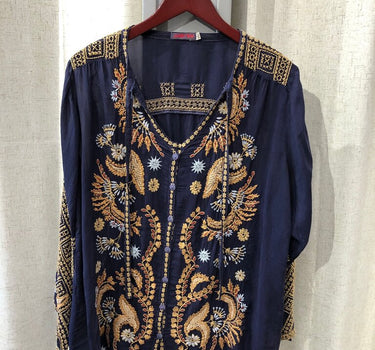 Johnny Was Navy Embroidered Top size medium